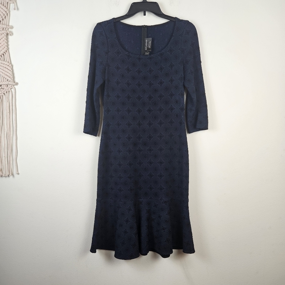 St John Jacquard Knit Black Navy Dress Half sleeve Scoop Neck Flare A Line 4